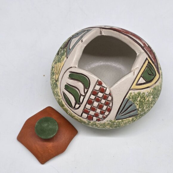 Handmade Ceramic Lidded Jar Abstract Multicolor Patterns & Textures Carved Desig - Picture 5 of 8